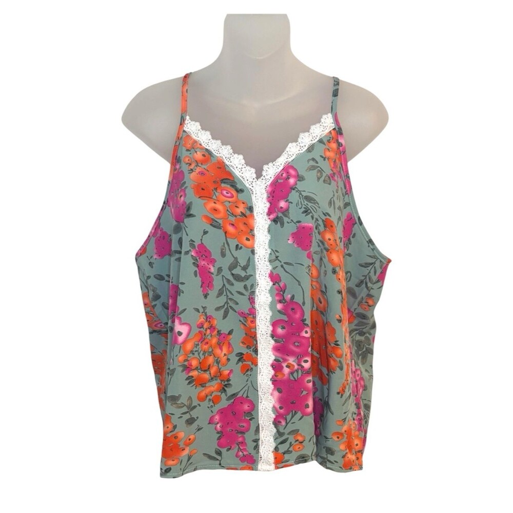 SHEIN Floral Lace-Trim Cami Tank - Sage Green, Pink & Orange Size XL